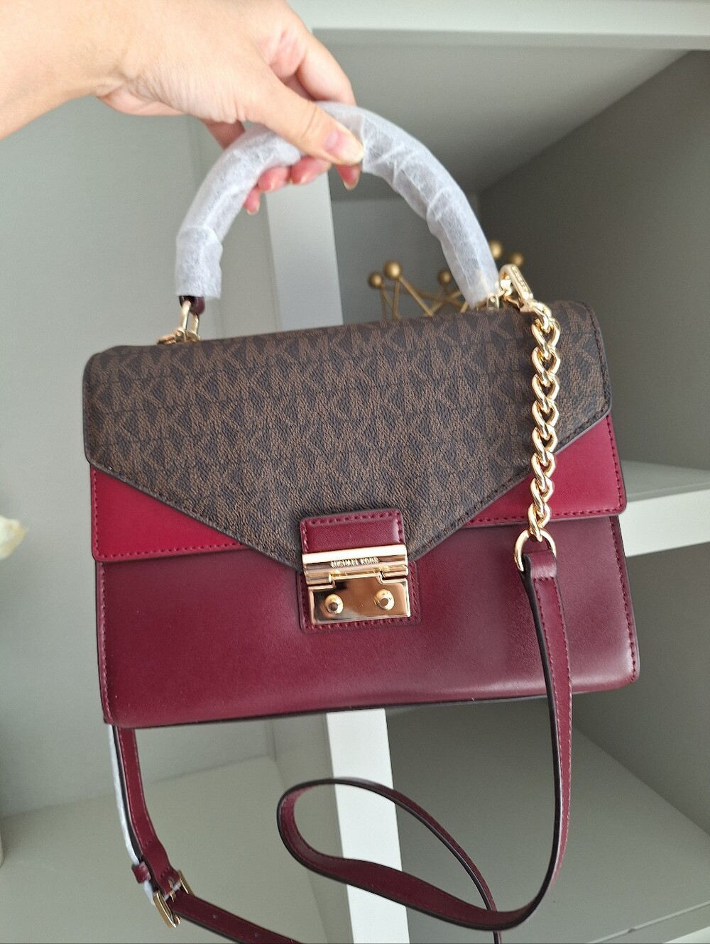 New Michael Kors Sloan Medium Top Handle Satchel bag mix leather Red gold